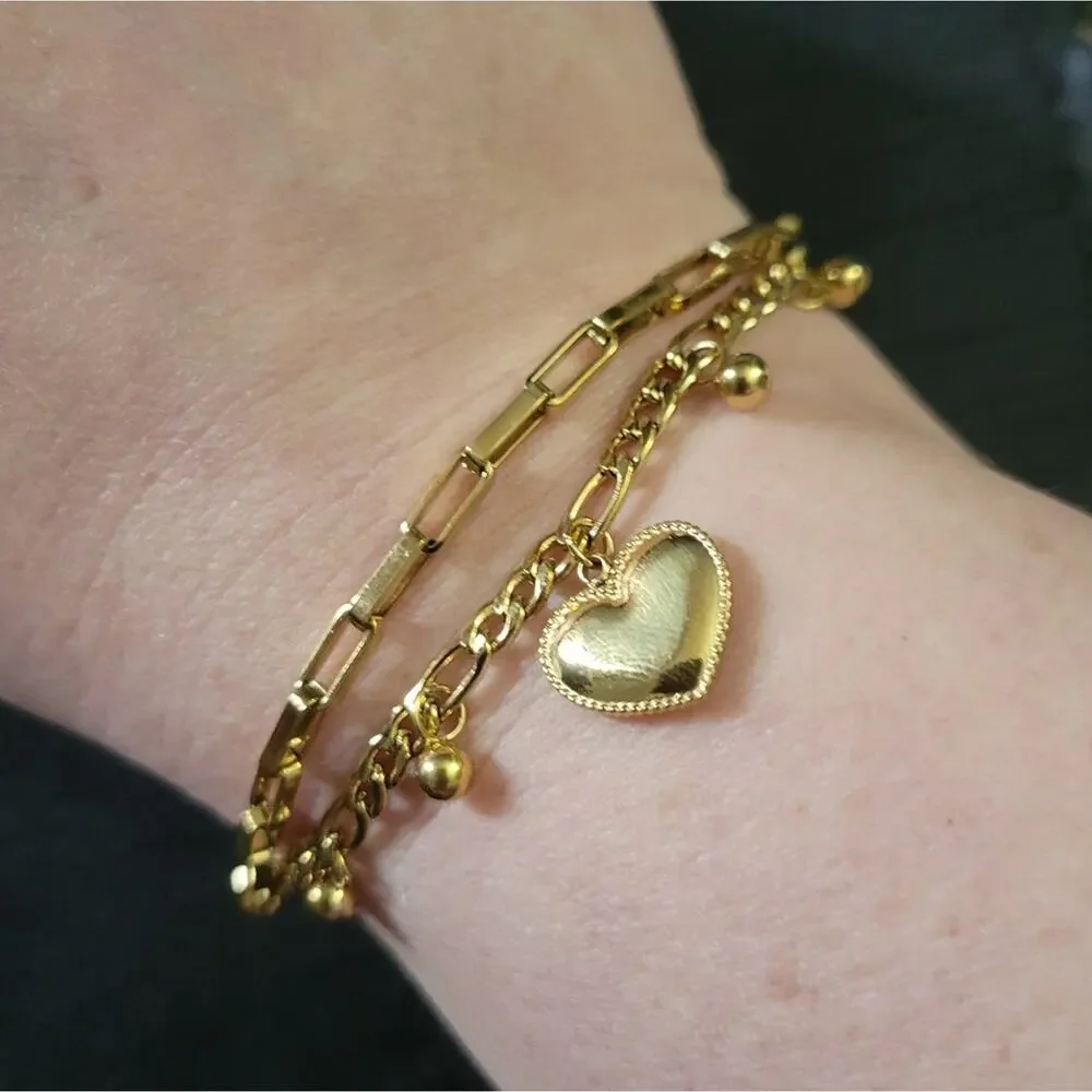 Gold Tone Layered Chain Brwcelet With Heart Charms